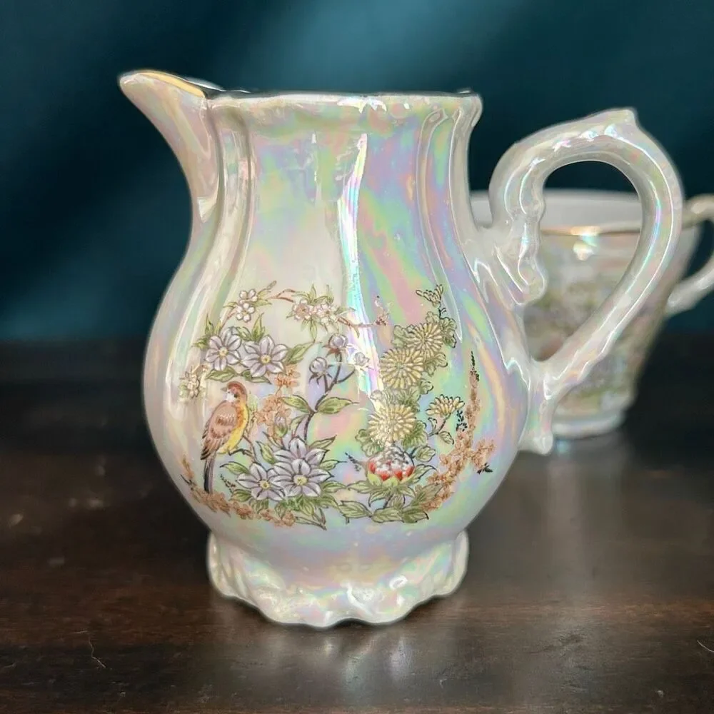 Pearlescent Iridescent Creamer and Demitasse Cup Set
